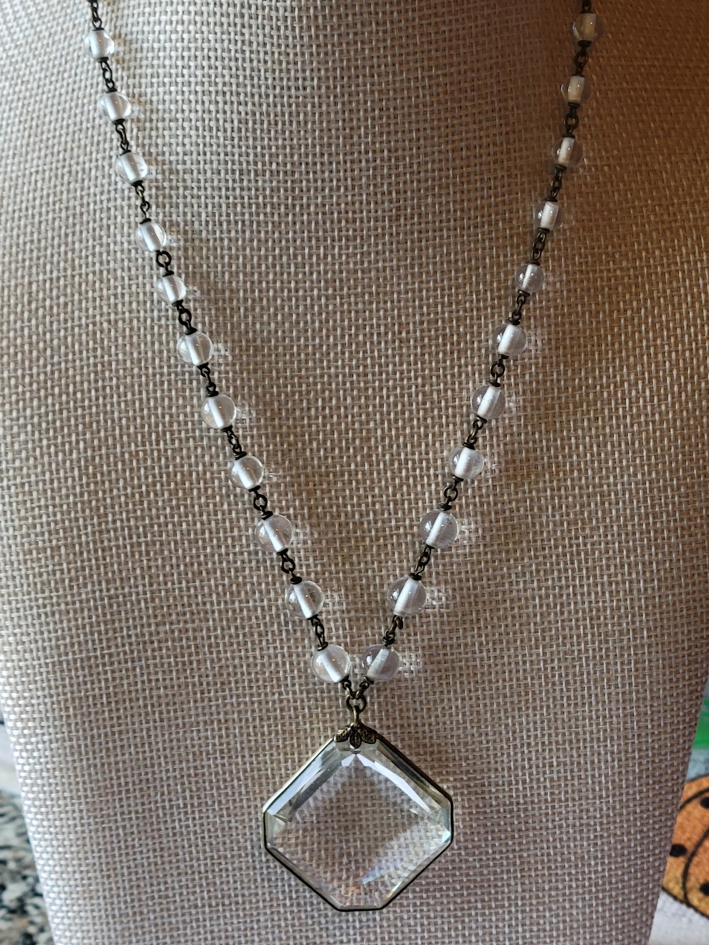 Antique Vintage Art Deco Clear Czech Glass Pendant Necklace with Beaded Chain